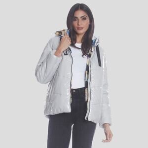 Members Only Silver Hi-Shine Looney Tunes Print Lining Quilted Puffer Jacket